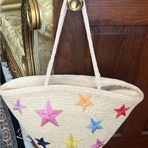 Embroidered Star Straw Tote Bag - Cream